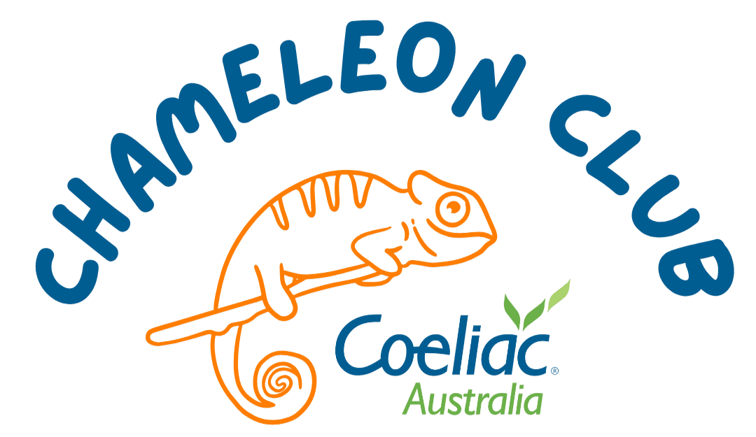 Chameleon Club logo with orange cartoon chameleon, Coeliac Australia log and transparent background